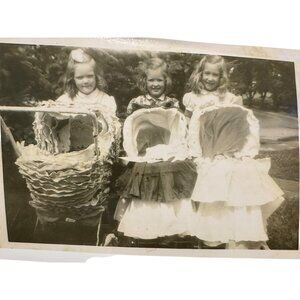 Vintage Black & White Kodak Photo Copy Of Three Girls In Bonnets With Baby Carri